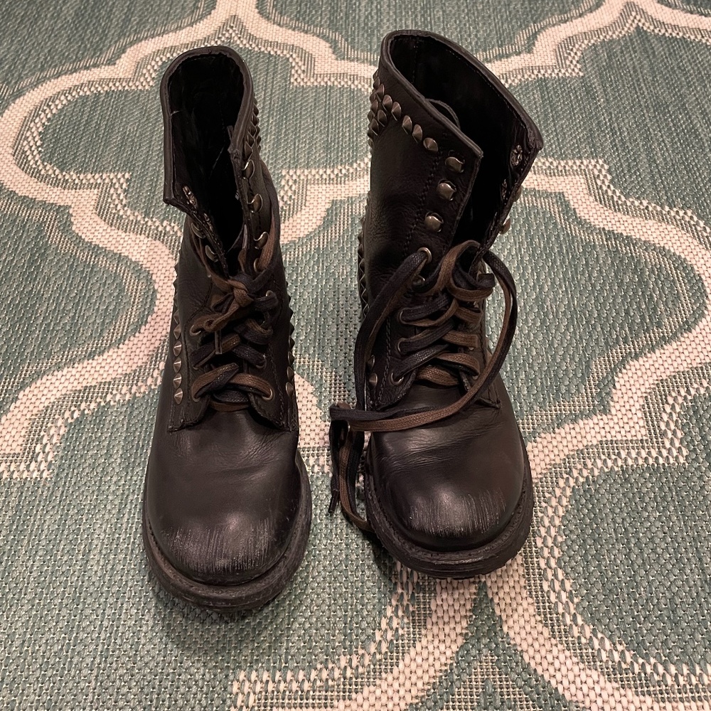 Women's Ash Black Leather Studded Combat Boots Sz